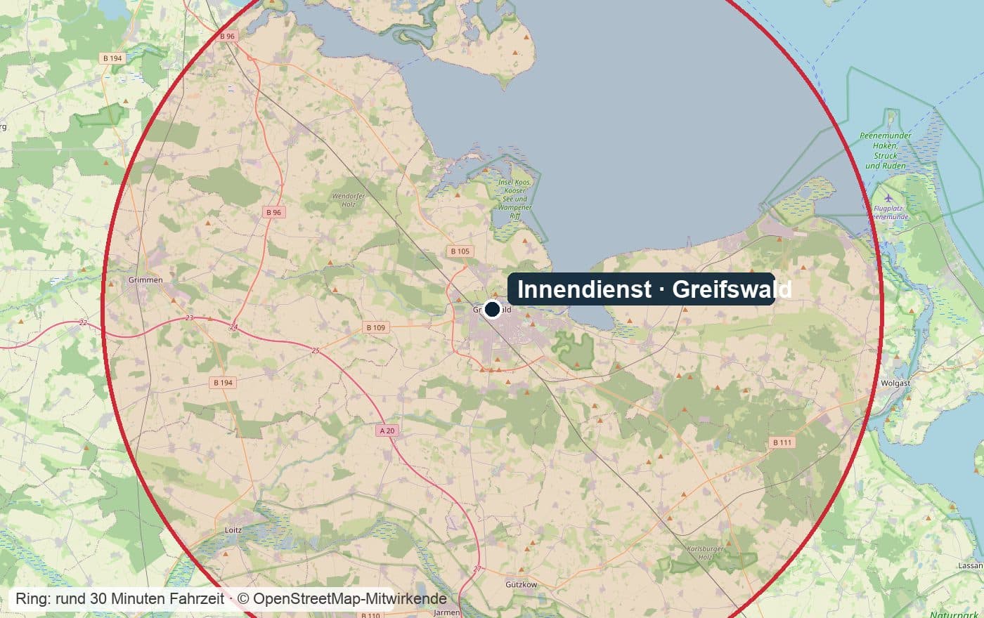 Karte: Greifswald mit einem Ring für rund 30 Minuten Fahrzeit